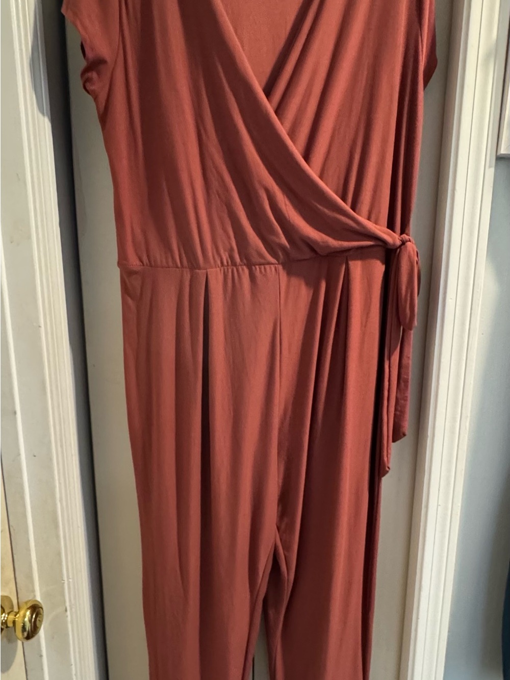 Derek Heart Women’s Plus 2X rust colored  Solid V-Neck Wrap Tie Waist Jumpsuit